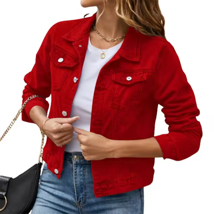 Botón de las mujeres abajo manga larga recortada denims Jean chaqueta con bolsillos - 1