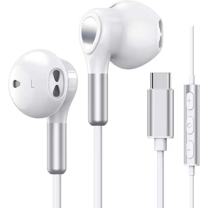 Auriculares USB C con micrófono Auriculares intrauditivos Auriculares con cable, color blanco - 1