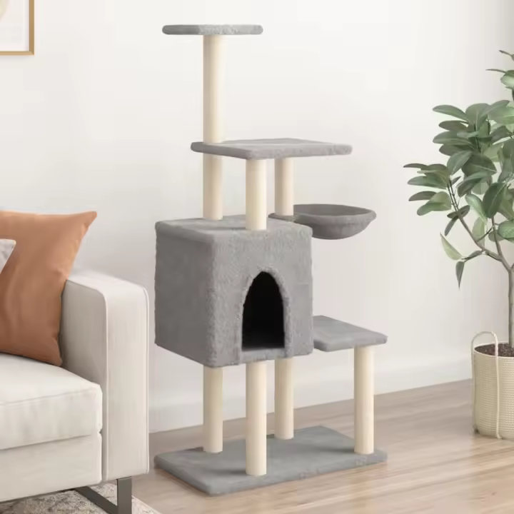 vidaXL Rascador para Gatos con Postes de Sisal Torre Gatitos 131 cm Color Crema,  Gris claro,  Gris oscuro y mas - 1