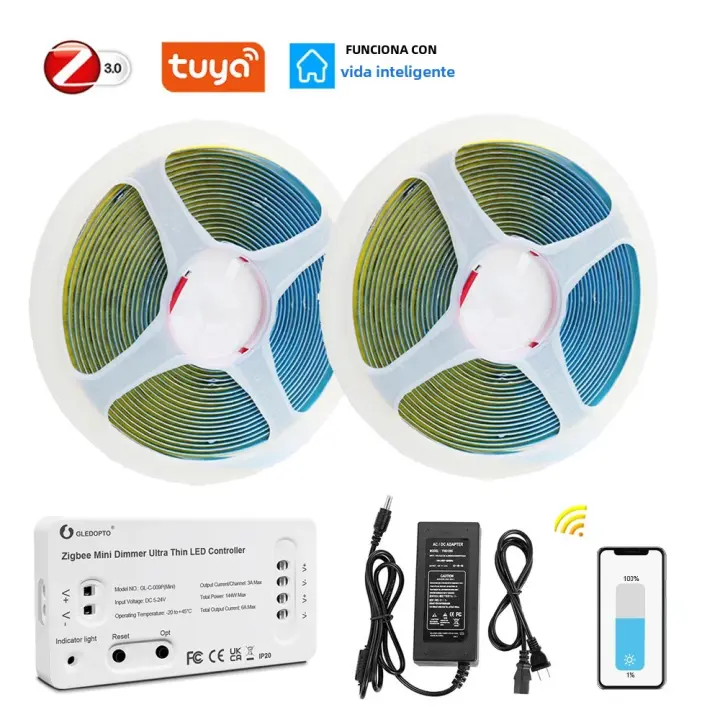 Tira De Luz LED COB Zigbee 12V Flexible Y Dimmable 5m 10m 3000K 4000K 6500K Calor Blanco Para Decoración De Habitaciones Compatible Con Alexa Asistente Doméstico - 1