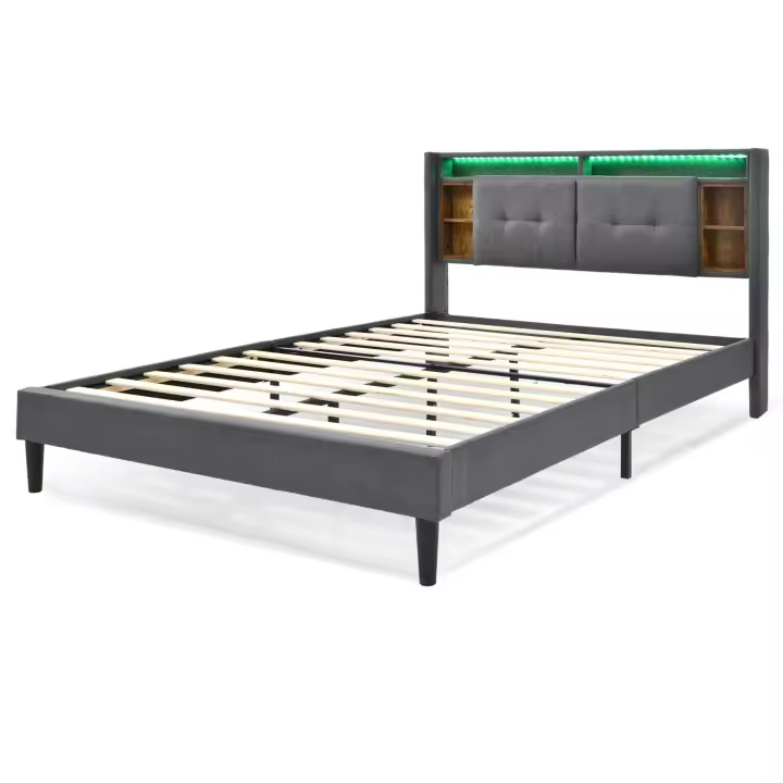 Cama tapizada Cabecero de Cama Doble with Almacén Marco de Cama with USB de carga e iluminación LED Somier de lámparas de Madera, 160*200CM Gris (with colchón) - 1
