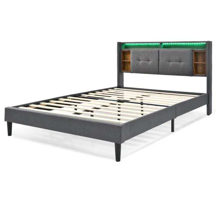 Cama tapizada Cabecero de Cama Doble with Almacén Marco de Cama with USB de carga e iluminación LED Somier de lámparas de Madera, 160*200CM Gris (with colchón) - 1