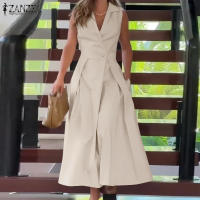 Vestido Midi Elegante ZANZEA Para Mujer Estilo Trabajo OL Verano Vuelta En El Cuello Sin Mangas Silueta A-Line Oficina Casual Longitud Media Pierna - details 3