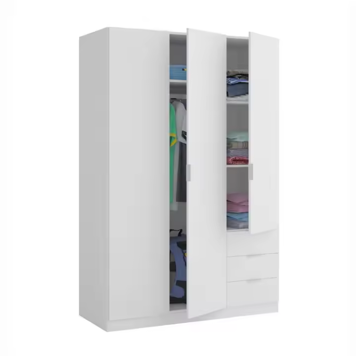 Meimon Armario de 3 puertas y 3 cajones con barra de colgar de aluminio extraíble, guías correderas metálicas para cajones, bisagras y soportes metálicos, tacos ABS antirruido, estantes regulables, acabado en tablero melaminizado tipo E1 - 1