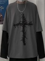 Camiseta De Hombre Con Estampado Cruzado Basic Tee Casual Manga Larga Sobredimensionada Tops Falso Dos Piezas Camisetas Moda - details 2