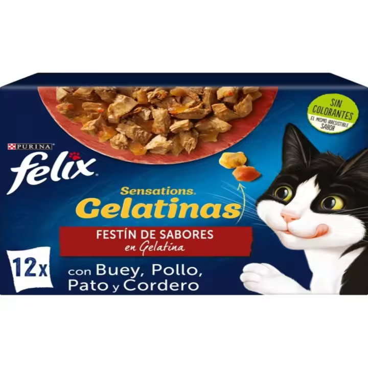 Felix Sensations Multipack Festín de Sabores en Gelatina - Sobres de Buey, Pollo, Pato y Cordero (12 unidades x 85 gr) - 1