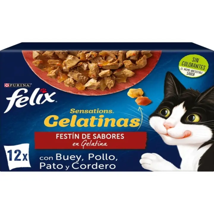 Felix Sensations Multipack Festín de Sabores en Gelatina - Sobres de Buey, Pollo, Pato y Cordero (12 unidades x 85 gr) - 1