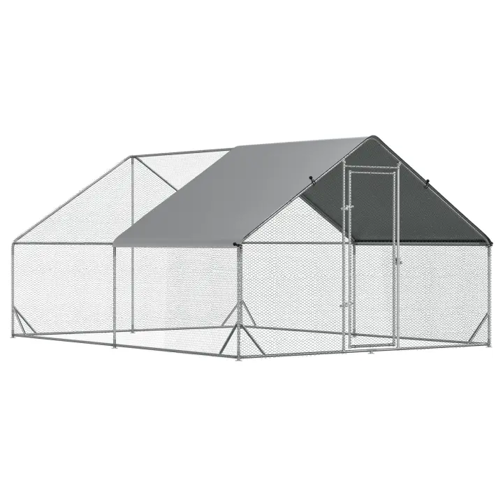 PawHut Gallinero de Exterior Grande Jaula Cercado de Acero Galvanizado con Techo de PE y Cerradura para Conejos Aves de Corral Plata - 1