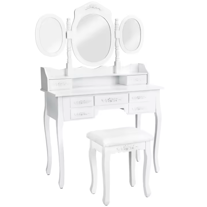 Tectake - Tocador estilo clásico con 7 cajones, espejo y taburete  Acabado de alta calidad  Firme y estable  Elegante, estilo clásico - 1