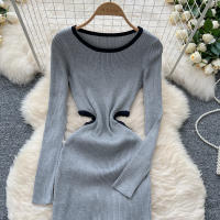 Vestido De Punto Para Mujer REALEFT Otoño Invierno Con Abertura Lateral Y Cuello Redondo Manga Larga Solido Vestido Recto De Oficina - details 18
