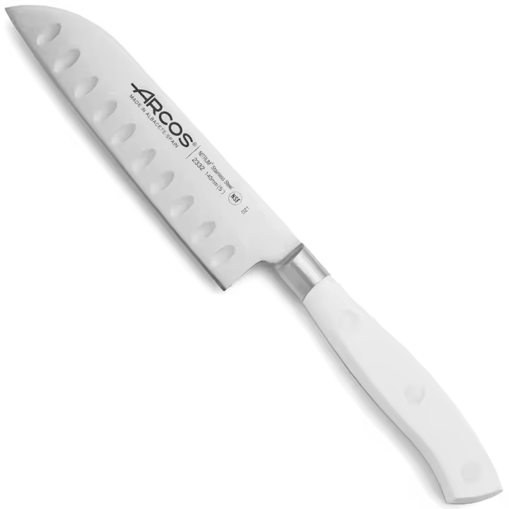 ARCOS Riviera Blanc - Cuchillo Santoku Alveolado (140 mm) - Hoja de Acero Inoxidable Forjado Nitrum® - Mango Blanco de Polioximetileno (POM) - 1