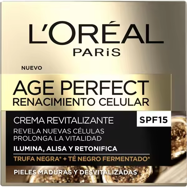 L'OREAL Age Perfect renacimiento celular crema revitalizante ilumina alisa y retonifica SPF-15 tarro 50 ml para pieles maduras y desvitalizadas - 1