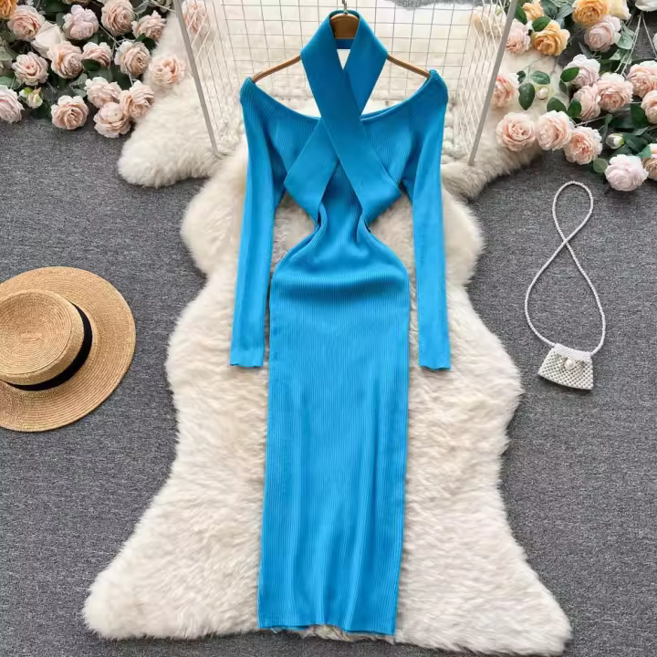 Vestido Largo Elegante De Otoño Invierno Para Mujer Con Cuello Haltera Y Cintura Ajustada Vestido Bodycon Coreano Para Oficina Vestidos De Suéter - 1
