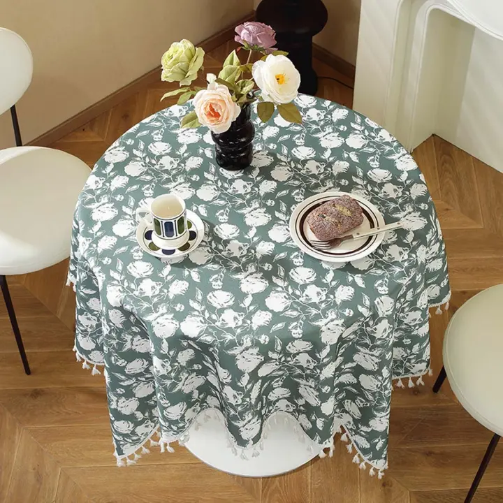 Mantel impermeable retro, mantel floral, mesa de centro con borlas, mantel redondo, verde, 140*140cm - 1