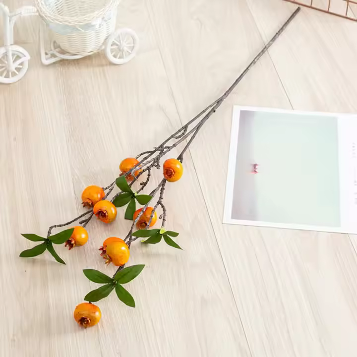 Rama De Pimienta Con Hojas Y 9 Cabezas De Pomegranato Falsas Rojas Y Naranja Para Decoración De Jardín Y Hogar Material De Seda - 1