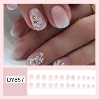 24pcs/set Uñas Postizas Cortas De Acrílico Estilo Francés Con Diseño De Flores Y Mariposas Para La Temporada De Primavera Y Verano Artículos De Belleza Para Uñas - details 2