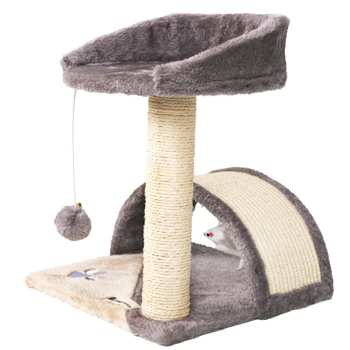 Casa Basics - Árbol Rascador para Gatos MININO, Alto: 45 cm, 1 Rampa, 1 Plataforma Mirador, 1 Pompon y 1 Rata, Beige y Marrón/Beige/Gris y Beige - 1