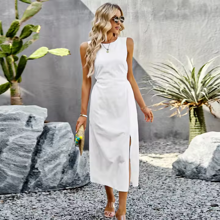 Solid color dress summer temperament waist long sleeveless vest dress - 1