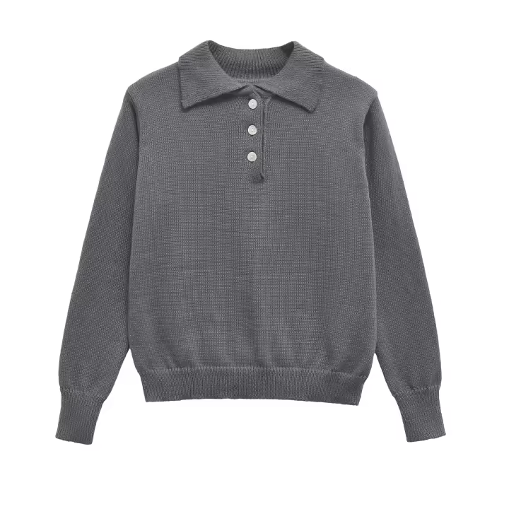 Women Casual Long Sleeve Polo Collar Knit Pullover Autumn Winter Gray Sweater - 1