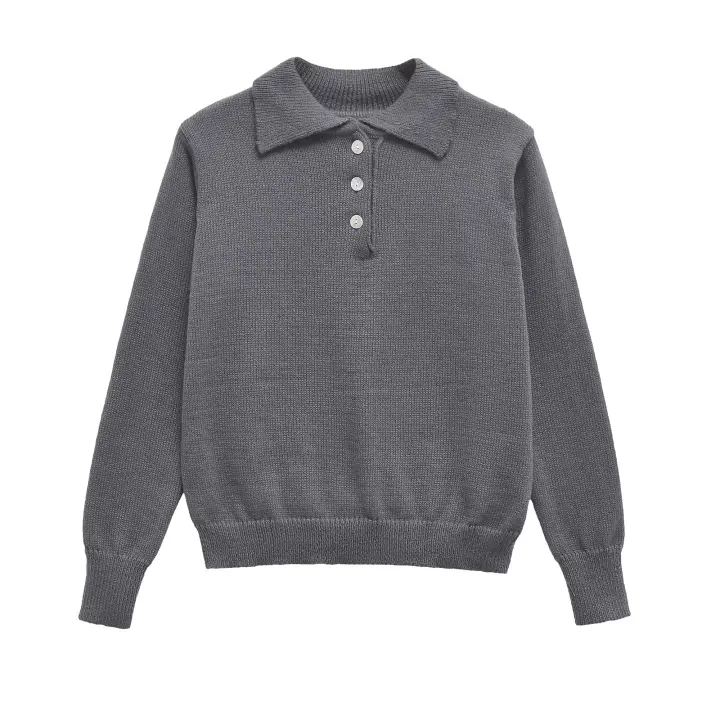 Women Casual Long Sleeve Polo Collar Knit Pullover Autumn Winter Gray Sweater - 1