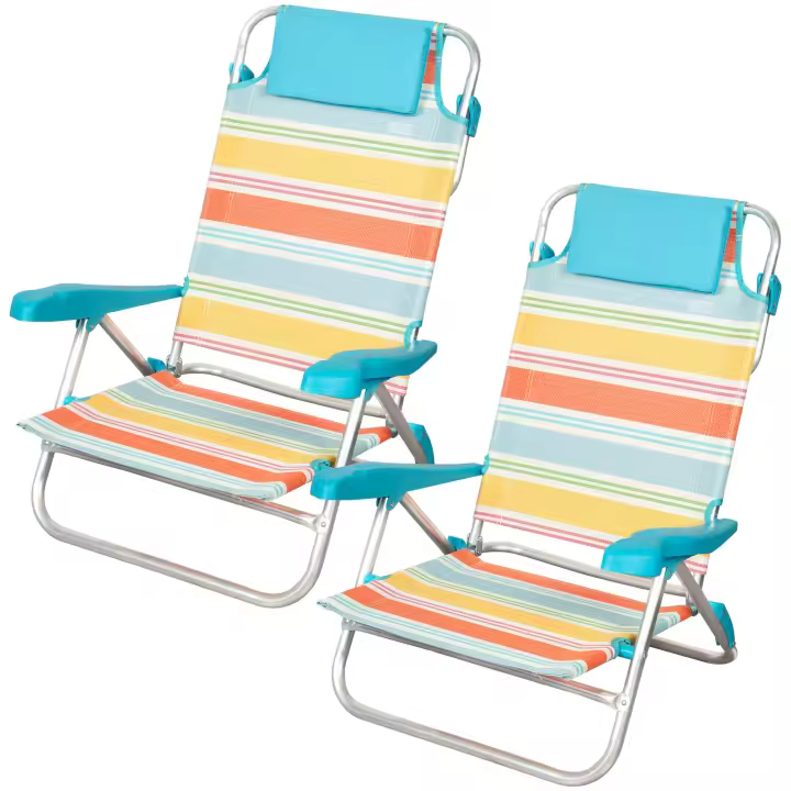 Aktive - Pack 2 sillas de playa plegables, reclinables en 7 posiciones, aluminio y textileno a rayas multicolor, con cojín y asas de transporte, modelo Santorini - 1