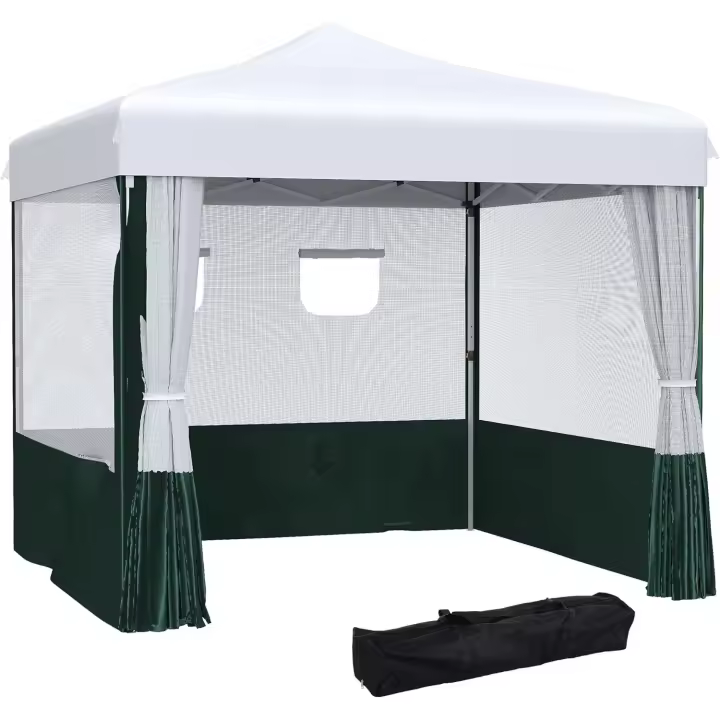 Carpa Plegable 3x3 m Cenador de Jardín con Paredes Laterales Altura Ajustable Anti-UV Impermeable 2 Ventanas y Bolsa de Transporte Gazebo para Exterior Fiestas Blanco y Verde - 1