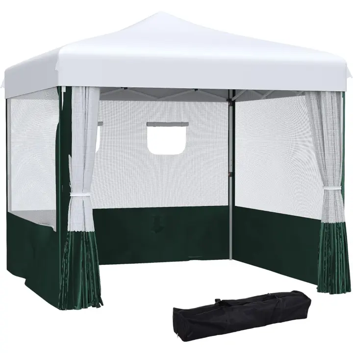 Carpa Plegable 3x3 m Cenador de Jardín con Paredes Laterales Altura Ajustable Anti-UV Impermeable 2 Ventanas y Bolsa de Transporte Gazebo para Exterior Fiestas Blanco y Verde - 1