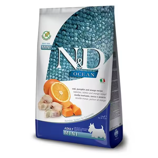 FARMINA N&D DOG OCEAN PUMPKIN MINI BACALAO 800GR / Bacalao, calabaza y naranja. Alimento completo para perros adultos - 1