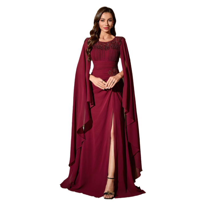 Vestido Largo Elegante UNITHORSE Con Cuello Y Manga Abierta Decoración De Perlas Artesanales Corte Slimming Con Abertura Alta Para Noche