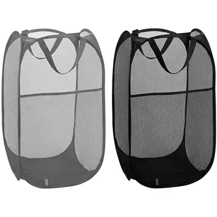 2 Pack Pop Up Collapsible Laundry Baskets, Foldable Mesh Popup Laundry Hamper with Reinforced Carry Handles (Black+Grey) - 1
