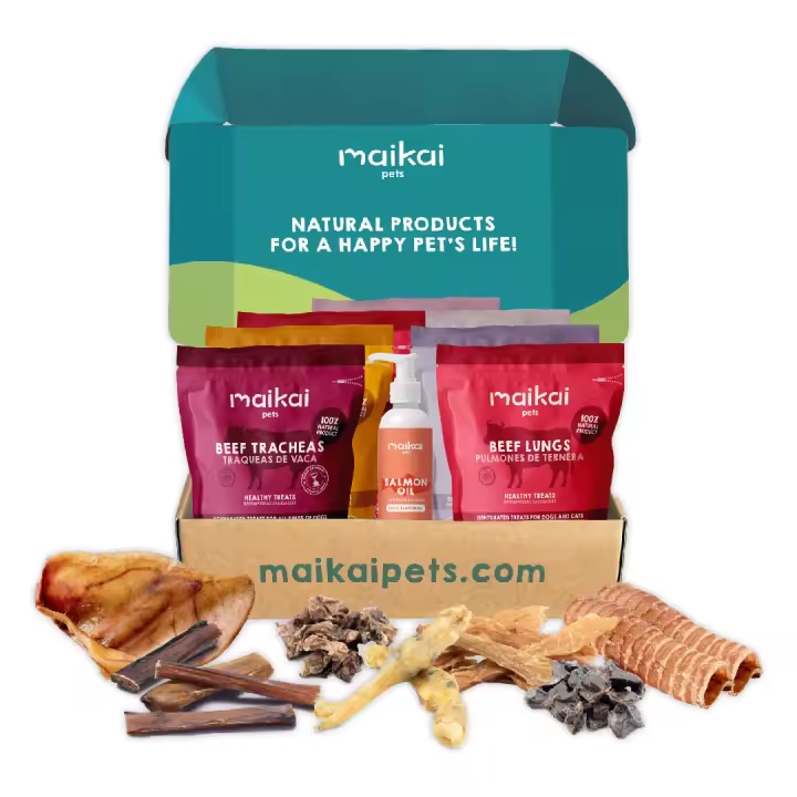 MAIKAI Pack de 7 Chuches para Perros + Aceite de Salmón 250 ml - Snacks 100% Naturales - Dieta BARF - Caja Regalo con Premios Saludables - Premios para Perro - 1