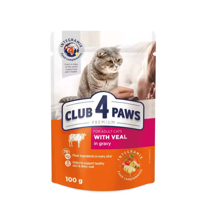 Comida húmeda completa para gatos adultos CLUB 4 PAWS PREMIUM-Ternera en salsa ,PACK 24*100g - 1