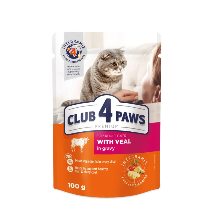 Comida húmeda completa para gatos adultos CLUB 4 PAWS PREMIUM-Ternera en salsa ,PACK 24*100g - 1
