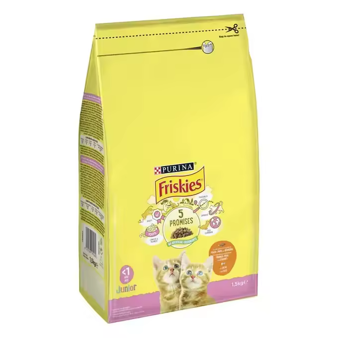 PURINA® FRISKIES® Junior Gato hasta 1 Año 1.5KG Proporciona a tu gatito un buen comienzo de vida ofreciéndole la nutrición especial que necesita para su desarrollo saludable y feliz.Friskies Junior es un alimento elaborado con pollo, verduras, vitaminas - 1