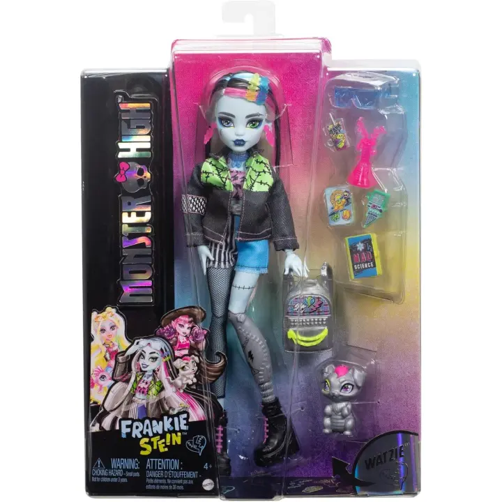 Monster High Muñeca Frankie Stein con mascota perrito Watzie, conjunto vaquero de retales y accesorios de moda, juguete +4 años (HXH73) - 1