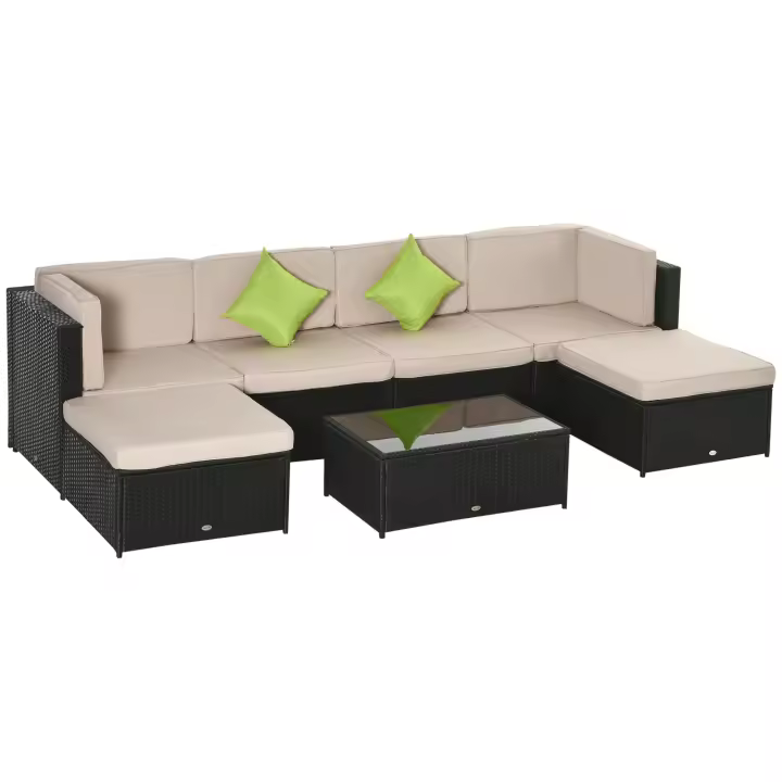 Outsunny Conjunto Muebles de Jardín de Ratán 7 Piezas Mesa Sofás Taburetes con Cojines Lavables 2xSofá de Esquina 2xSofá 2xTaburete 1xMesa de Centro - 1
