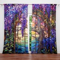 2pcs Cortina De Vidrio Estampada Con Flor De Wisteria Para Decoración Del Hogar - Bolso De Percha Para Dormitorio Oficina Cocina Y Sala De Estar - details 0