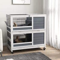 PawHut Conejera de Madera con Ruedas 90x53x97 cm Jaula para Conejos de 2 Niveles con Techo Abatible Bandeja Extraíble Comedero y Rampa Gris y Blanco - details 1