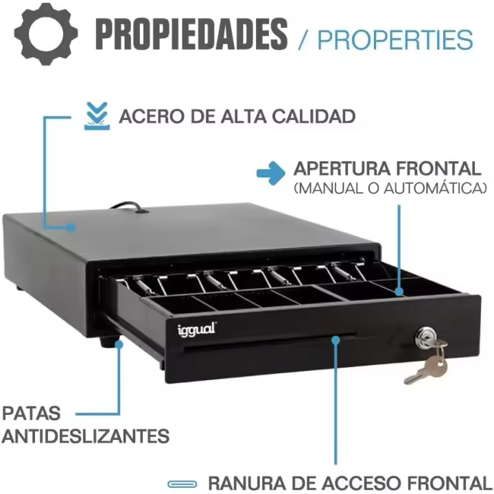 Iggual - Cajón Portamonedas IRON-10 - Caja Registradora Apertura Manual o Automática, RJ11, Medidas 38 x 33,5 x 8 cm, 4 + 6 Compartimentos Efectivo Billetes y Monedas, Cerradura de 3 Posiciones, Ideal para Restaurantes, Bares, Tiendas, Negocios - Negro - 1