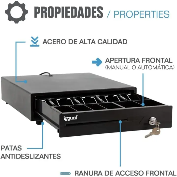 Iggual - Cajón Portamonedas IRON-10 - Caja Registradora Apertura Manual o Automática, RJ11, Medidas 38 x 33,5 x 8 cm, 4 + 6 Compartimentos Efectivo Billetes y Monedas, Cerradura de 3 Posiciones, Ideal para Restaurantes, Bares, Tiendas, Negocios - Negro - 1