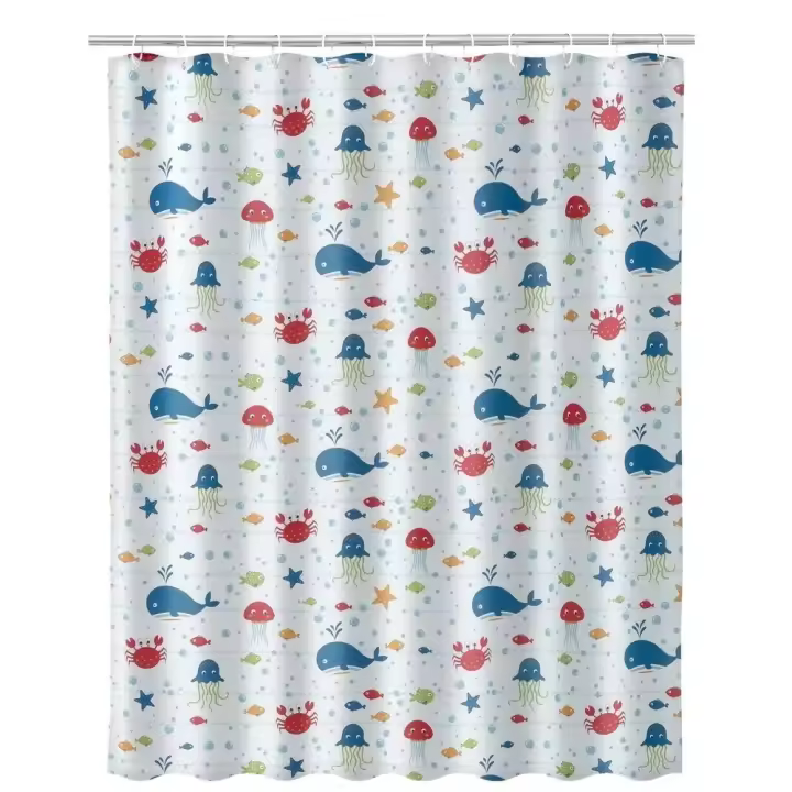 Cortina Baño Avalon Poliéster Blanco con Dibujos Animales Marinos Multicolor (180x200cm) - 1