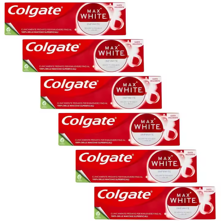 Colgate Max White INFINITE Pasta de dientes: Sonrisa blanca y duradera, elimina el 100% de manchas superficiales - pack AHORRO de 6 unidades - 1