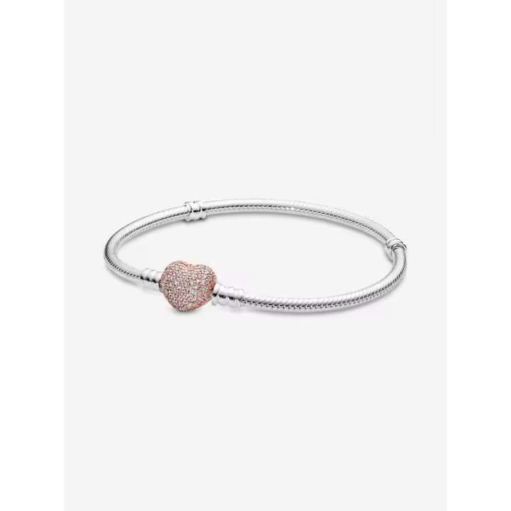 Pandora - Pulsera Pandora Moments con cierre de corazón pavé y cadena de serpiente - Plata de ley, baño de oro rosa de 14 k - 1