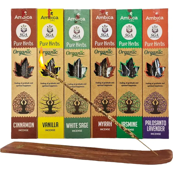 PROUTHS Incienso Natural Ecológico, Incienso Orgánico sin Tóxicos, Incluye: Palo Santo Lavanda, Canela, Vainilla, Jazmín, Mirra, Salvia Blanca, Aromaterapia + Quemador 6 Cajas de 18g x 10-12 Varillas - 1