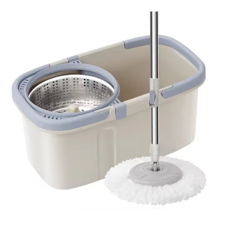 Fregona retráctil giratoria de 360 ° con cubo, mopa redonda de acero inoxidable de Doble accionamiento, Herramientas de limpieza automática para el hogar en seco y húmedo, 2 recambios - 1