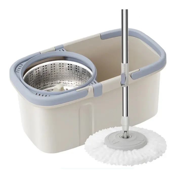 Fregona retráctil giratoria de 360 ° con cubo, mopa redonda de acero inoxidable de Doble accionamiento, Herramientas de limpieza automática para el hogar en seco y húmedo, 2 recambios - 1