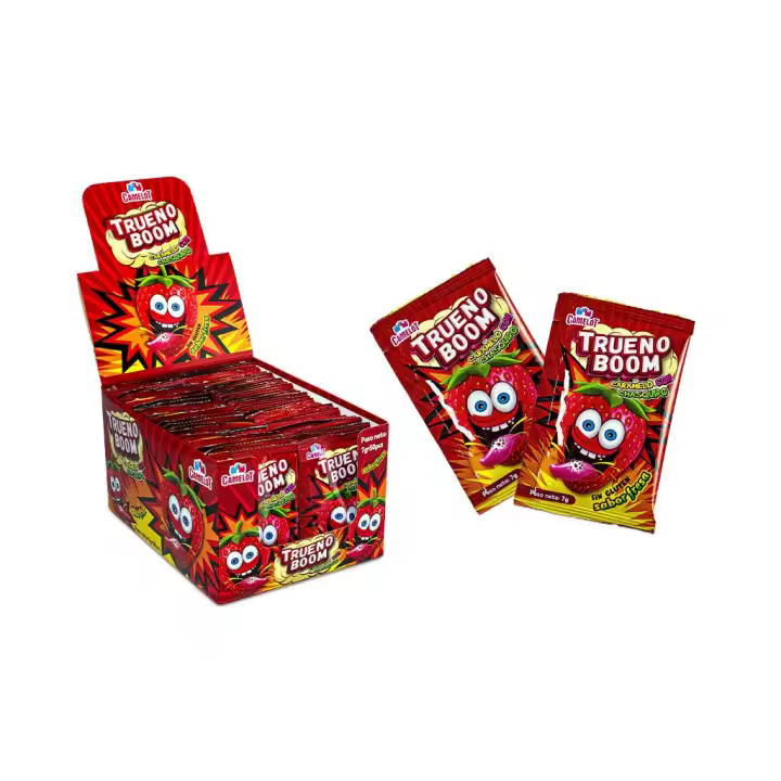 SOBRES CARAMELO CON CHASQUIDO TRUENO BOOM FRESA SIN GLUTEN CAJA 50 UNDS - INTERDULCES - 1