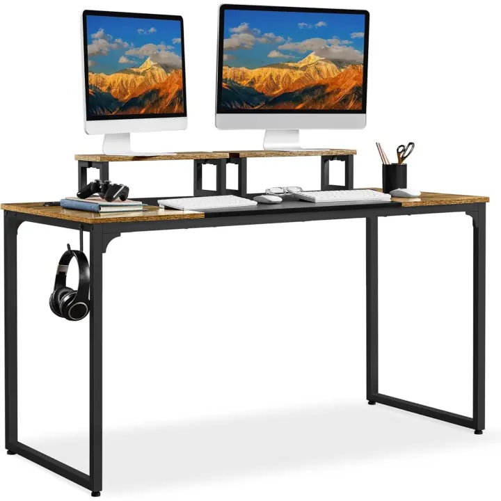 Mesa Escritorio con Soporte Monitor Mesa de Ordenador de Estilo Industrial Mesa Oficina Estudio con 2 Ojales para Cables/Gancho Marrón Rústico 140x60x89cm - 1