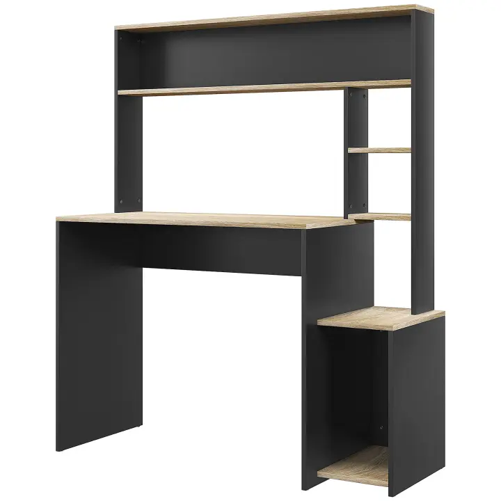 HOMCOM Mesa de Ordenador Moderna Mesa de Escritorio con Estantes Escritorio con Estanterías Soporte para Monitor CPU para Oficina Estudio 114x45x138 cm Gris y Natural - 1