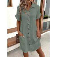Camisa Elegante De Verano Para Mujer Azul Con Bolsillo Y Cuello En V Simple Y Cómoda De Color Sólido Vestido De Pierna Larga Estilo Casual - details 2